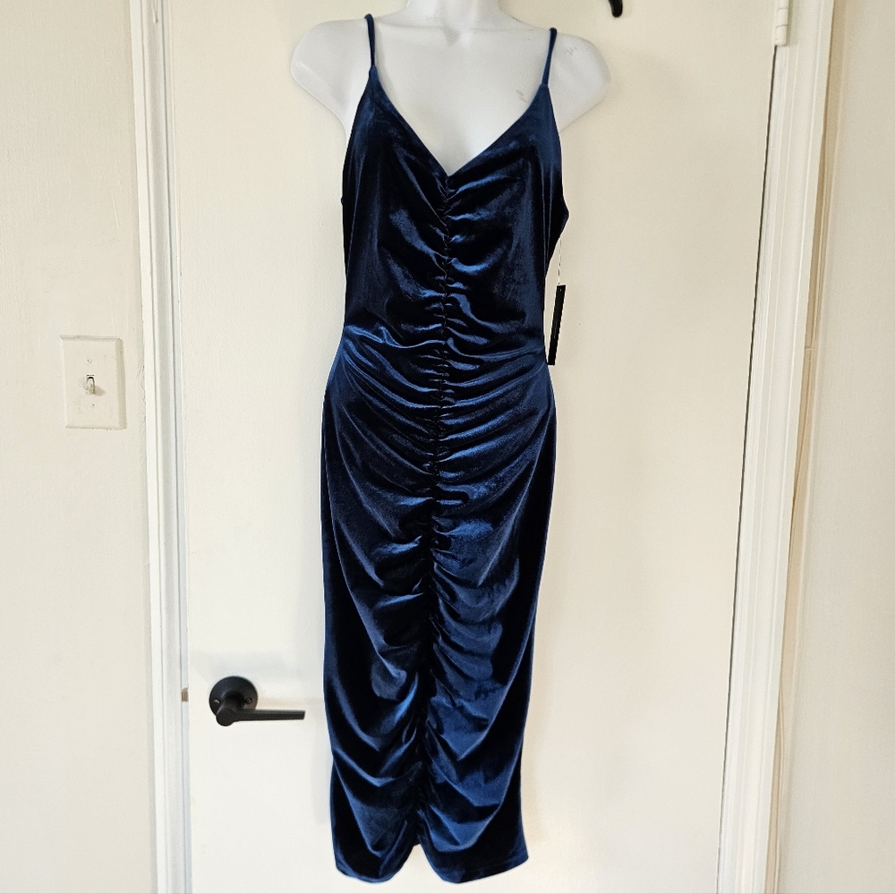 Lulus Dress S Velvet Mermaid Ruched Y2K Velvet Midi Ruched Teal Bodycon Witchy